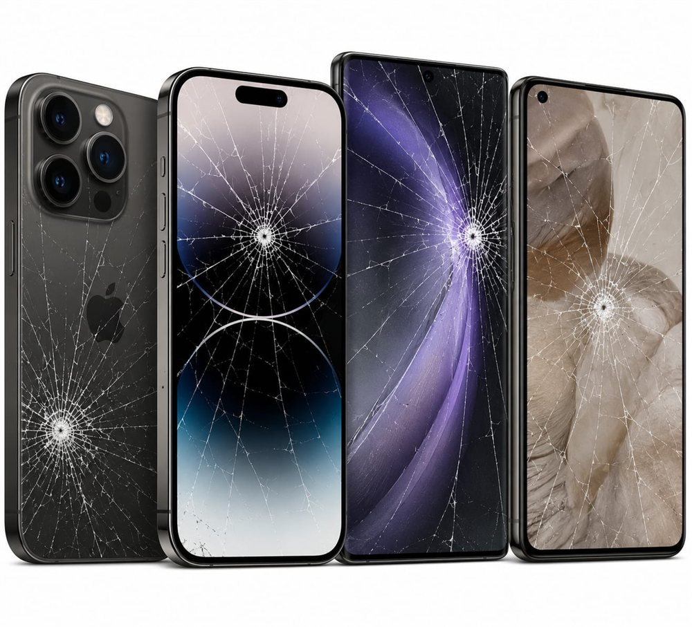 Cracked phone screen ready for replacement