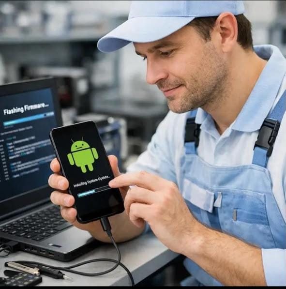 Technician resolving a phone software issue